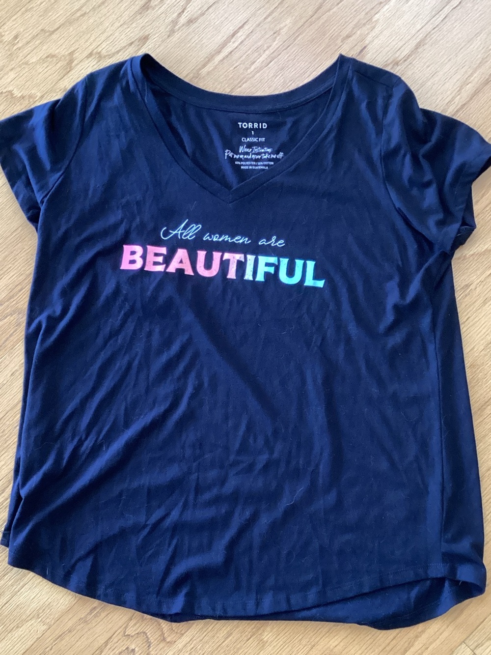 Torrid Black V-Neck Tee with Multicolor 'Beautiful' Script
